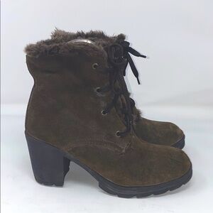 Faux Fur Cuff Stacked Lug Sole Chunky Heel Leather Boots‎